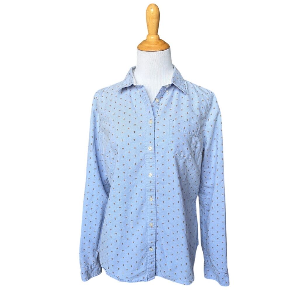 Womens 100% Cotton Button Down Casual Blue Floral Dress Shirt Sz L Career Office - Picture 2 of 9
